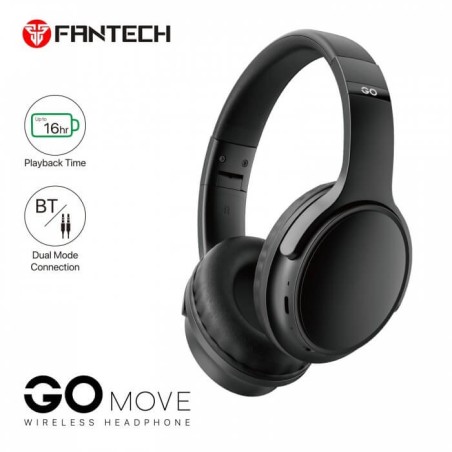Fantech Headphones Wh03 Go Wireless Headphones, Dual Mode Connection Bt5.0 & 3.5Mm Jack Gaming (Black)