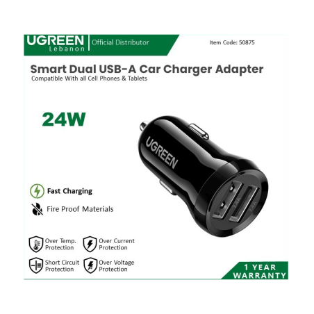 Ugreen Charger Car 24W Dual Usb Fast For Phone And Tablet 50875