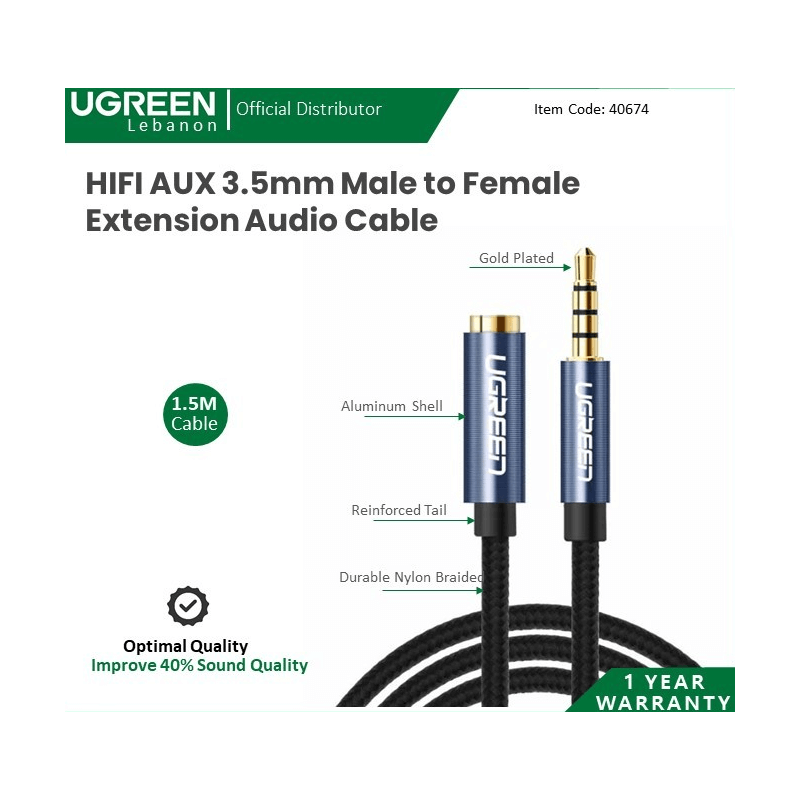 Ugreen Cable 3.5Mm Male To Female Extension Audio - Nylon Braided 40674