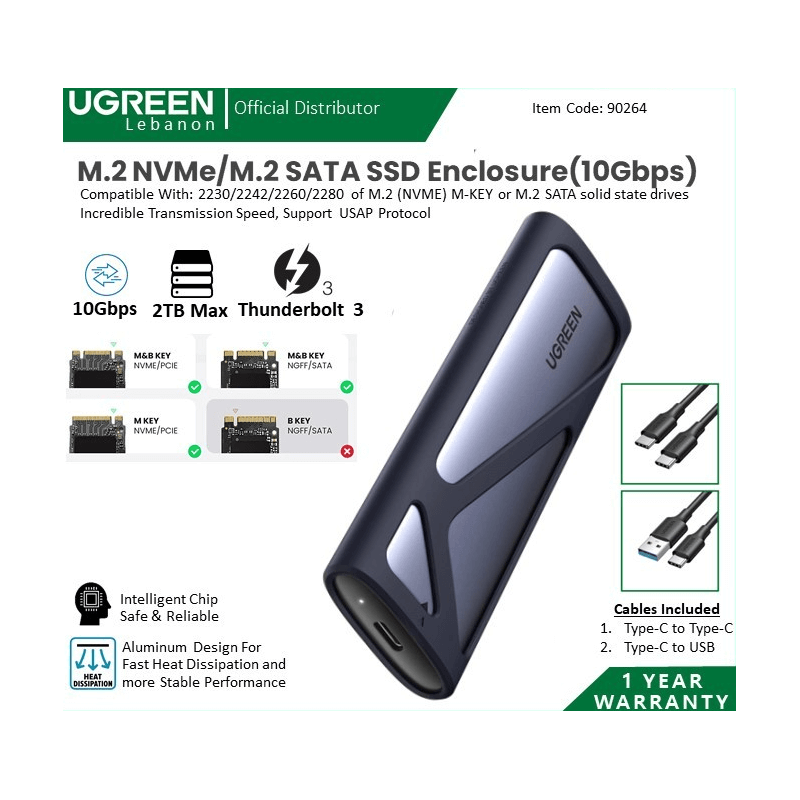 Ugreen Enclosure Usb C 3.2 Thunderbolt 3 For M.2 Pci-E Nvme Ssd With Silicon Protection 90264 Ugreen Enclosure Usb C 3.2 Thunderbolt 3 For M.2 Pci-E Nvme Ssd With Silicon Protection 90264