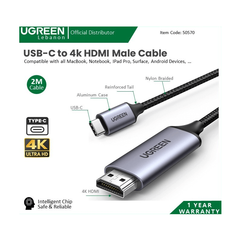 Ugreen Usb-C To 4k Hdmi Braided Cable 1.5m Black 50570