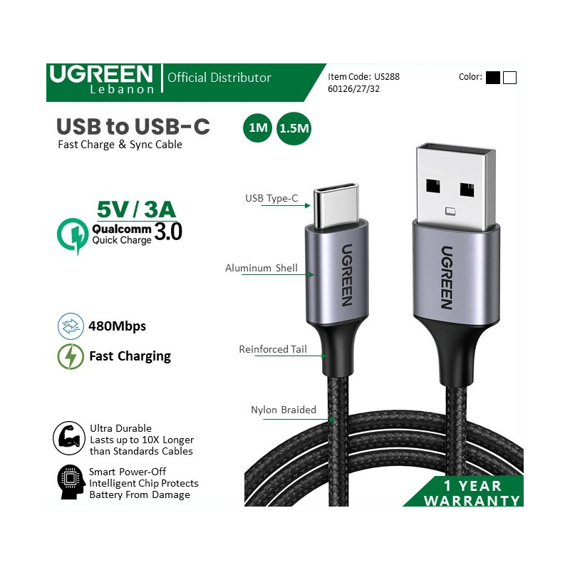 Ugreen Usb To Usb-C 5v/3a Fast Charge & Data Cable - Nylon Braided & Aluminum Body 60126