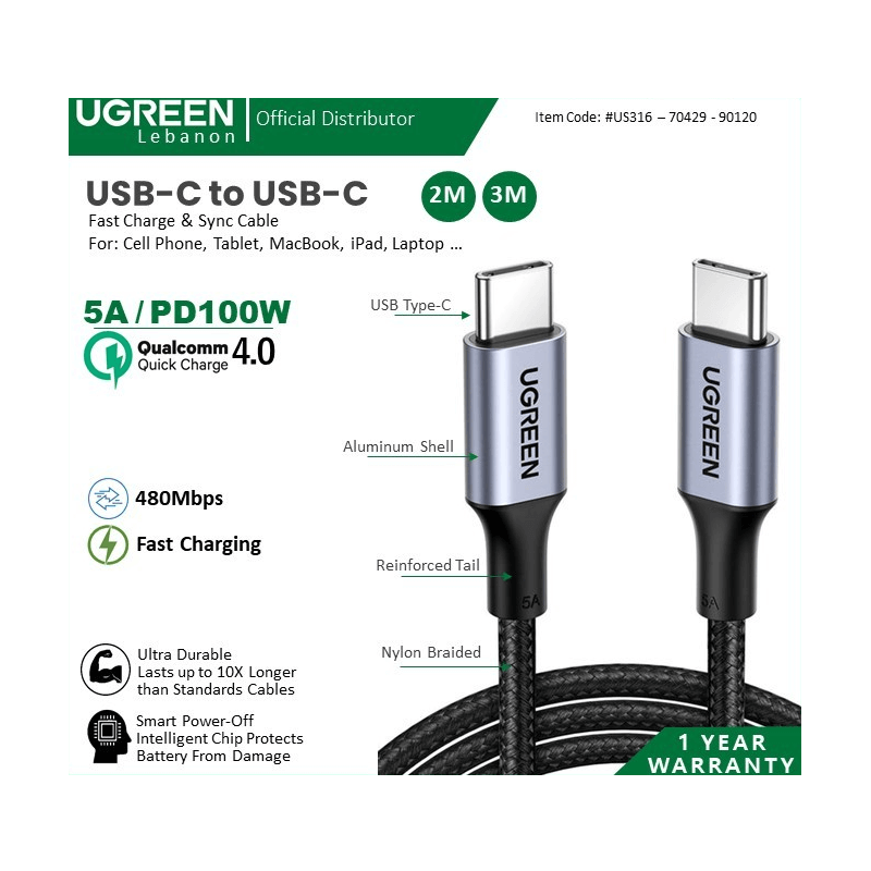 Ugreen Cable Usb-C To Usb-C Pd100W Fast Charge & Data - Nylon Braided & Aluminum Body 70429 Ugreen Cable Usb-C To Usb-C Pd100W Fast Charge & Data - Nylon Braided & Aluminum Body 70429