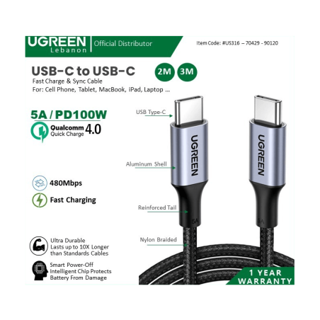 Ugreen Cable Usb-C To Usb-C Pd100W Fast Charge & Data - Nylon Braided & Aluminum Body 70429