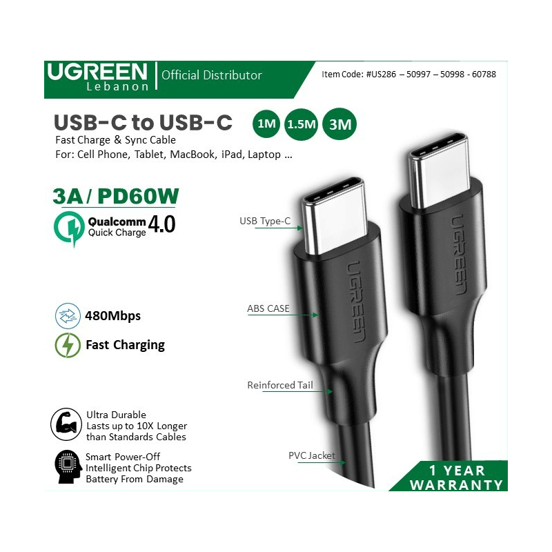 Ugreen Cable Usb-C To Usb-C Pd60W Fast Charge & Data 1.5M Us286 Ugreen Cable Usb-C To Usb-C Pd60W Fast Charge & Data 1.5M Us286