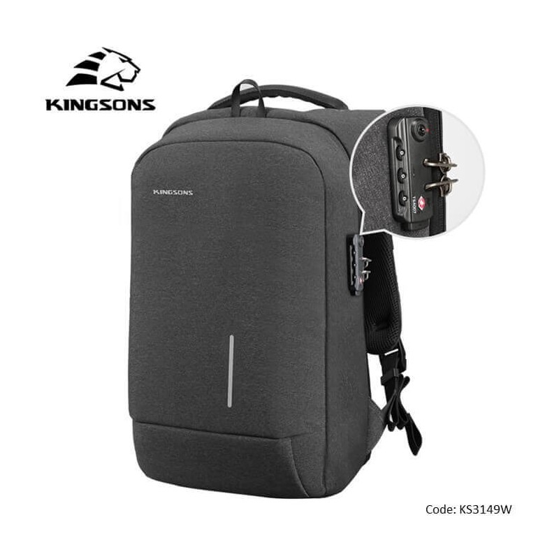 kingsons backpack With Lock Password Ks3149W, 13.3 Inch, Dark Gray,Water-Resistant, Light Weight
